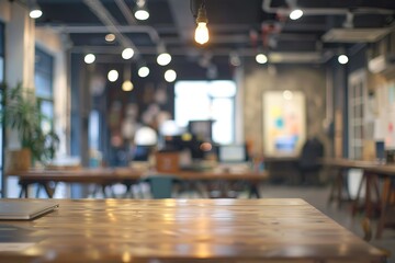 Poster - Empty wooden table in a modern, brightly lit office space.