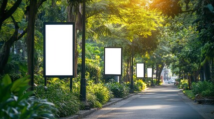 Hanging posters by the road in the city blank vertical advertising banners on street lampposts against lush green trees and plants For OOH out of home template mock up