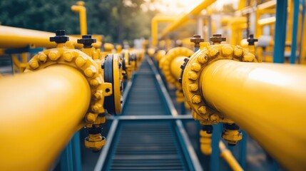Poster - A wide shot of industrial steel pipelines, with valves and cables running along walkways in a factory, illustrating the advanced infrastructure.