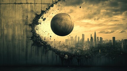 Poster - A wrecking ball in mid-swing, breaking through a concrete wall with a city skyline in the distance, representing change and construction.