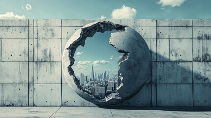 Poster - A wrecking ball in mid-swing, breaking through a concrete wall with a city skyline in the distance, representing change and construction.