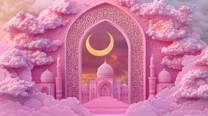 Aufkleber - A dreamy pink landscape featuring an ornate arch, crescent moon, and a mosque-like structure.