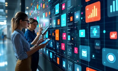 Two individuals interact with a digital interface displaying various app icons and data.
