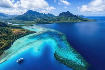 Poster - Aerial view of a stunning natural wonder, highlighting azure waters and a pristine coral reef from an adventurous travel excursion.
