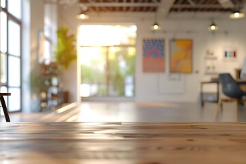 Poster - Wooden table in a bright, modern office space with large windows and artwork.