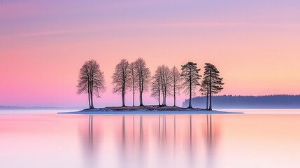 Wall Mural - Serene Tree Island at Sunset with Calm Water Reflections in Soft Pastel Colors of Twilight Sky