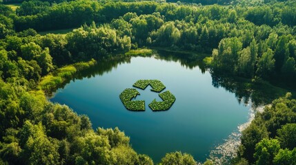 Poster - Aerial view of a green forest with a lake, featuring the recycling symbol made of leaves, promoting sustainability and eco-friendly practices.