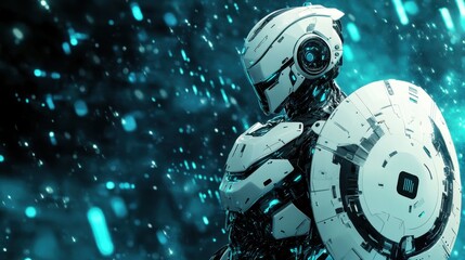 Poster - Futuristic Robot Soldier with Shield in Sci-Fi Environment