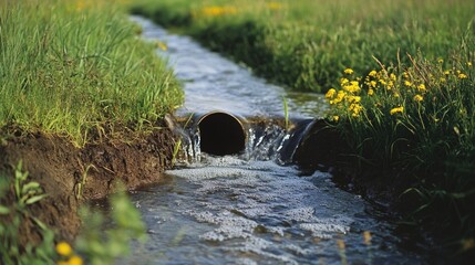 Aufkleber - Close-up of clear water flowing from a pipe in an open field, symbolizing natural water flow, environmental responsibility, and sustainable resource management.