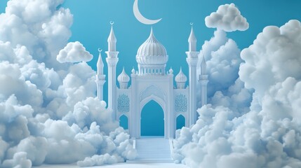 Aufkleber - A dreamy white palace surrounded by fluffy clouds and a crescent moon in a blue sky.