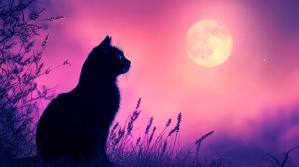 Naklejka na meble Moonlit Cat Silhouette in a Mystical Meadow at Night