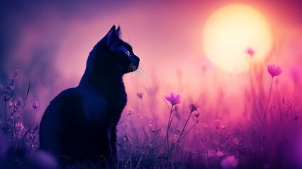 Naklejka na meble Mystical Moonlit Meadow Cat Silhouette at Dusk Enchanted Landscape Serene View