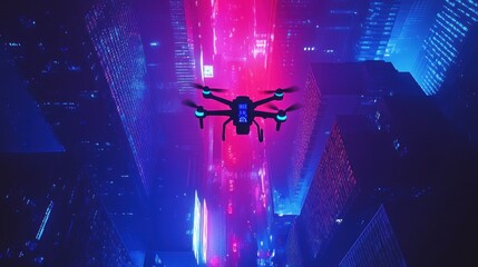 Aufkleber - A drone hovers above a vibrant, neon-lit cityscape at night.