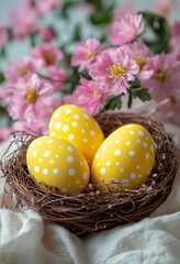 Wall Mural - Yellow polka dot eggs nestled in a nest surrounded by pink blossoms during springtime