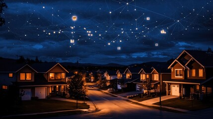 Aufkleber - Suburban houses illuminated at night, with digital data transactions floating above, representing the digital transformation of communities.