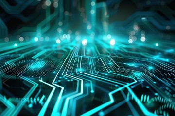 Poster - Abstract digital circuit board glowing teal.
