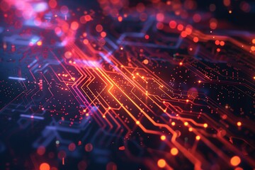 Poster - Abstract circuit board glowing with red and orange light.