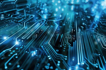 Poster - Abstract close-up of a circuit board's intricate pathways, glowing with blue light.