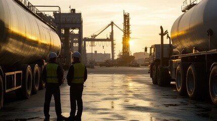 Poster - Supervisors overseeing petroleum shipping operations at a port, with cargo containers and large machinery in the background.