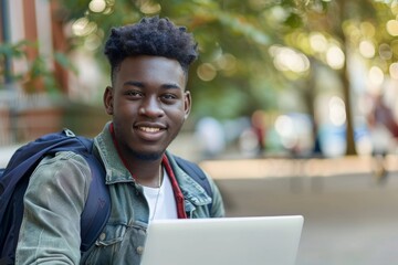 A young man with a backpack sits on a bench with a laptop open in front of him