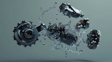 Aufkleber - A dynamic explosion of mechanical parts surrounded by water droplets.