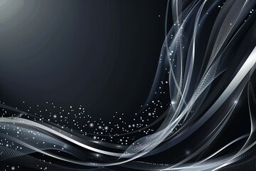 Poster - Abstract dark background with elegant silver waves and sparkles.