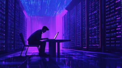 Poster - Man Working on Laptop in Modern Data Center with Neon Lights