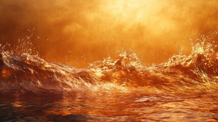 Dramatic scene of powerful churning ocean waves crashing and erupting in a fiery blaze of brilliant orange yellow and red hues creating an awe inspiring primal display of nature s raw energy and fury