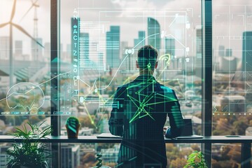 Poster - Businessman reviewing data, city view.