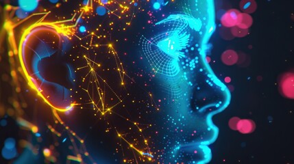 Poster - Side view of a humanoid head with blue and yellow eyes and vibrant neon neural network, representing futuristic technology and artificial intelligence.