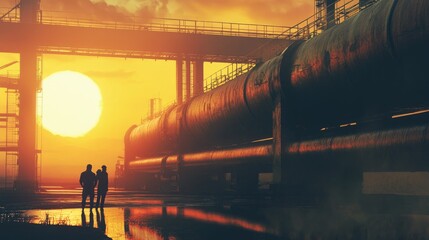 Poster - Workers standing by large pipes at an industrial facility, bathed in the warm glow of the setting sun, capturing the essence of teamwork and engineering.