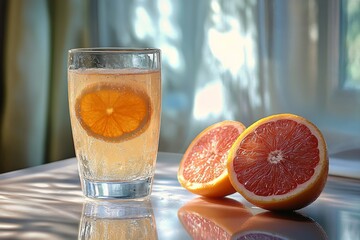 Canvas Print - Refreshing drink with grapefruit and ice in a glass on a vibrant background