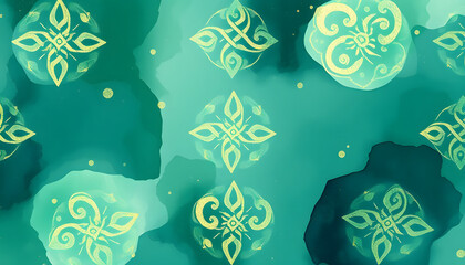 St. Patrick's Day featuring abstract Celtic patterns in watercolor style with cool greens and blues accented by gold