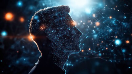 Poster - Abstract profile of a man's head, composed of interconnected lines and nodes, set against a dark background with glowing particles.