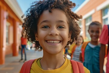 Wall Mural - A young girl with curly hair is smiling and wearing a yellow shirt