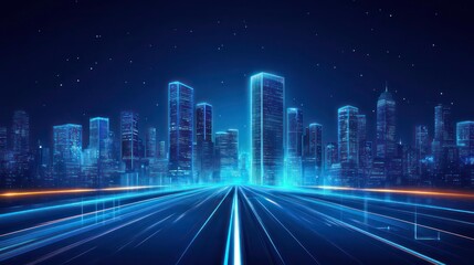 Poster - Night city street with road and building scene front view background. Neon light in dark urban downtown cityscape illustration. 2d skyscraper facade with glowing window and residential architecture