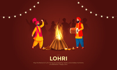 Wall Mural - Happy Lohri Banner and Greeting Card. Festival of Punjab Lohri Celebration with Dhol and Fire Background Vector Illustration