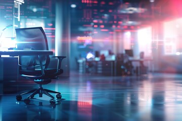 Poster - Empty office chair in modern workspace.  Late night or early morning ambiance.