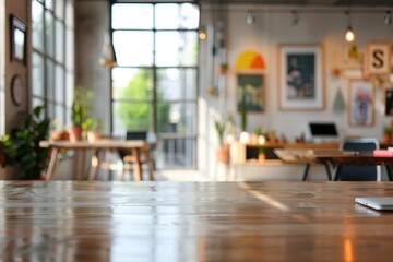 Poster - Empty wooden table in a bright, modern office space.