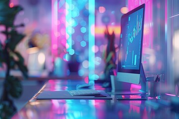 Poster - Modern workplace with glowing lights and financial data on a computer screen.