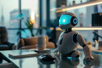 Poster - modern robot on glass desk in office setting