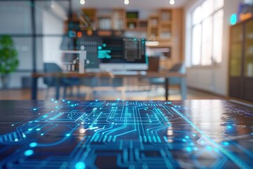 Poster - Digital circuit overlay on a modern office desk.