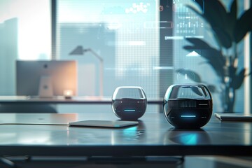 Poster - Modern tech devices on a sleek office desk, futuristic city backdrop.