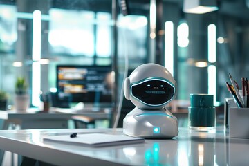 Poster - Friendly robot on a modern office desk.