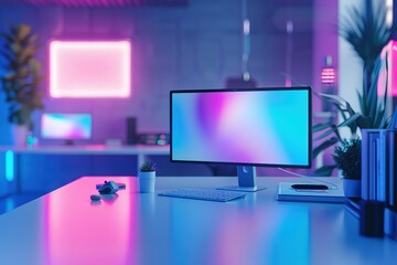 Poster - Modern workspace with vibrant lighting and computer setup.