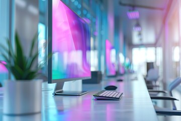 Poster - Modern office workspace with computers and vibrant lighting.