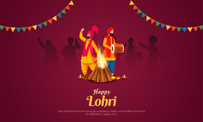 Wall Mural - Happy Lohri Banner and Greeting Card. Festival of Punjab Lohri Celebration with Dhol and Fire Background Vector Illustration