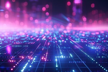 Poster - Abstract digital landscape with glowing lines and bokeh lights.