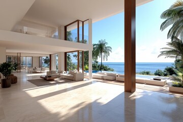 This modern living space features expansive windows allowing for sweeping views of the ocean, enhancing its airiness and inviting natural light indoors with elegance.