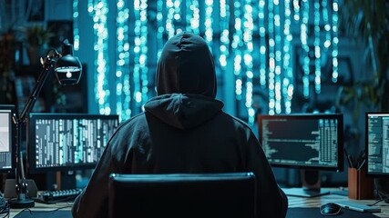 Fototapete - A hooded individual is intensely focused on several computer monitors, typing away in a dimly lit space adorned with glowing decorations. The atmosphere is charged with technology and secrecy.